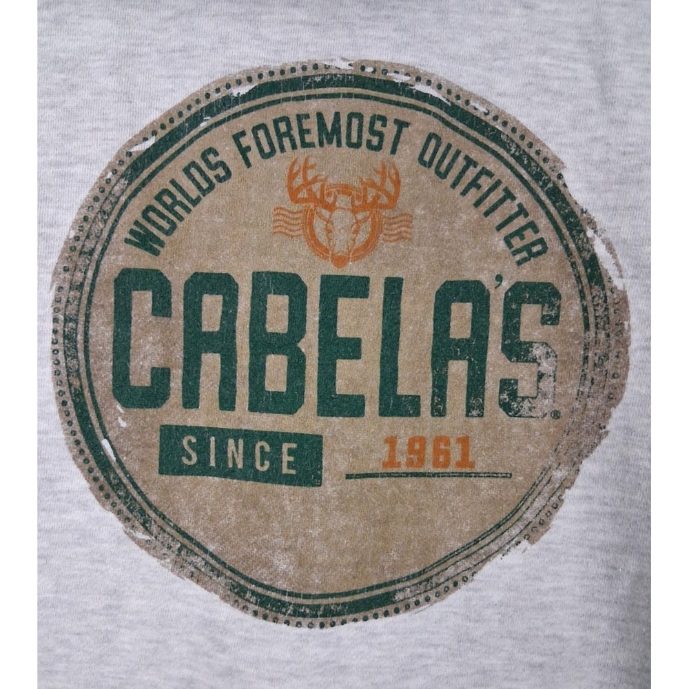 Cabelas Mens Hoodie L Gray Pullover Sweatshirt Spellout Round Logo Full Zip Hunt